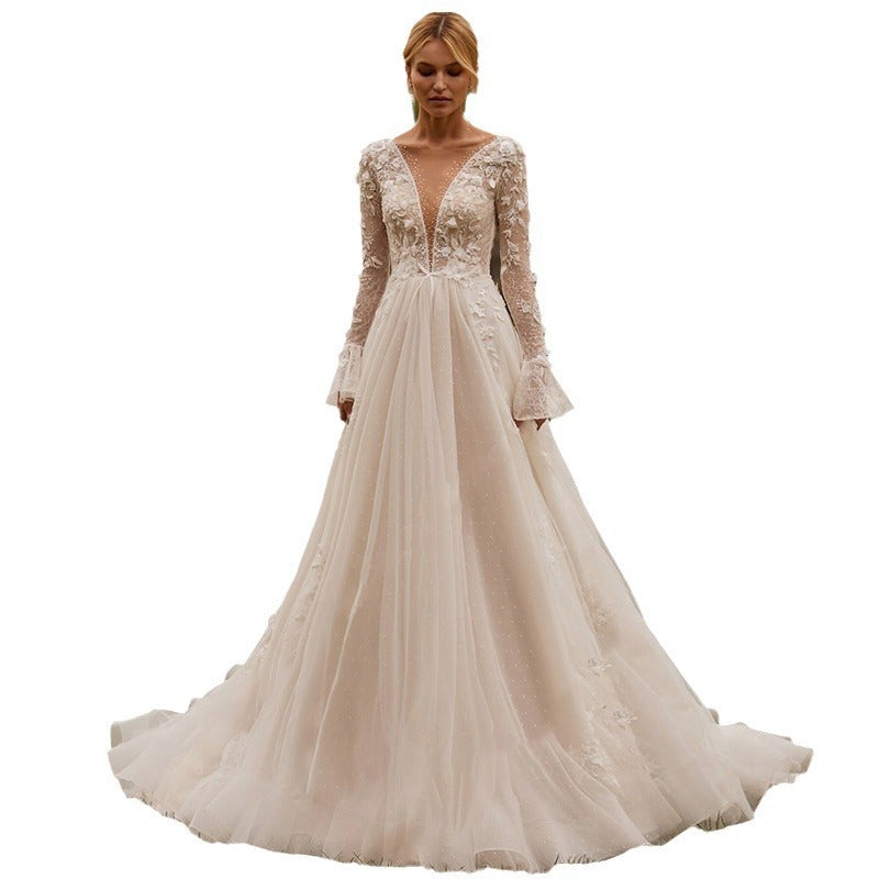 Sexy See-through Wedding Long Sleeve Embroidered Deep V Puffy Wedding Dress - Sculptify™