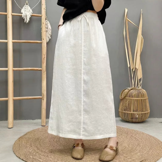 High-Waist Lace-Up Linen Pencil Skirt