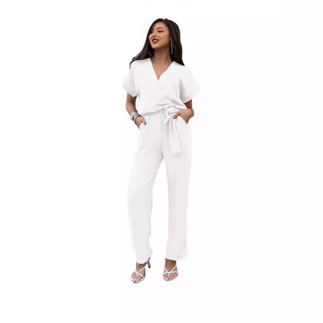 Women's Short-sleeved V-neck Pocket Jumpsuit - Sculptify™