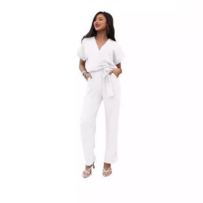 Women's Short-sleeved V-neck Pocket Jumpsuit - Sculptify™