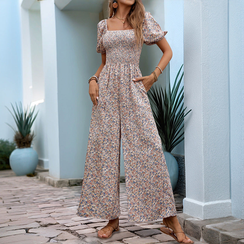 Square Collar Puff Sleeve Vacation Style Floral Jumpsuit - Sculptify™
