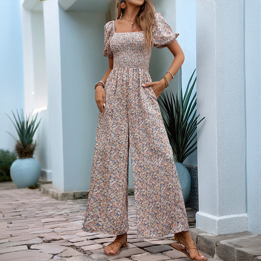 Square Collar Puff Sleeve Vacation Style Floral Jumpsuit - Sculptify™
