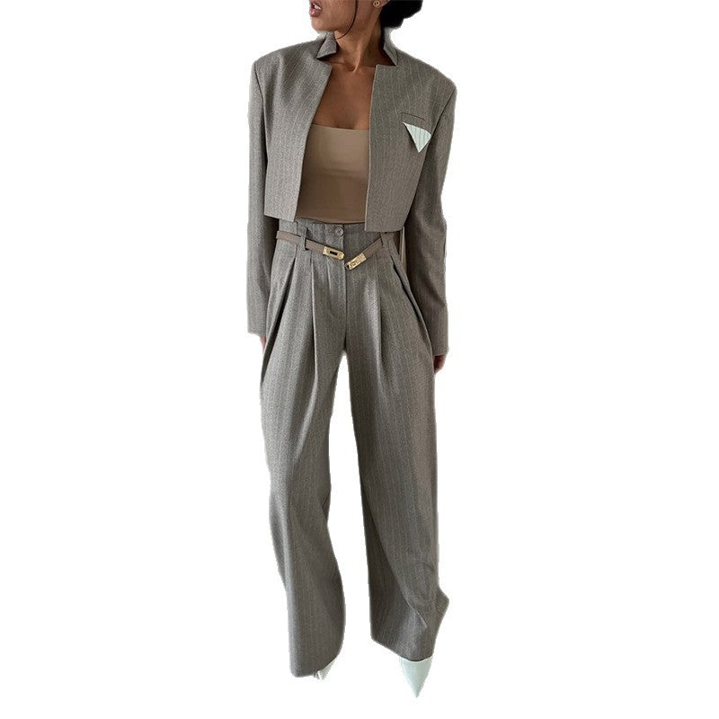 Chic And Stylish Striped Blazer And Suit Pants Casual Set - Sculptify™