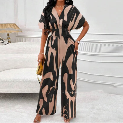 V-neck Loose Printed Long Jumpsuit - Sculptify™