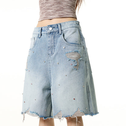 Ripped Retro Rhinestone Wide-leg Denim Shorts