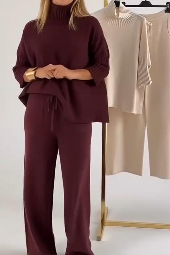 Stylish Casual Solid-color Knit Turtleneck Womens Set For Warmth - Sculptify™
