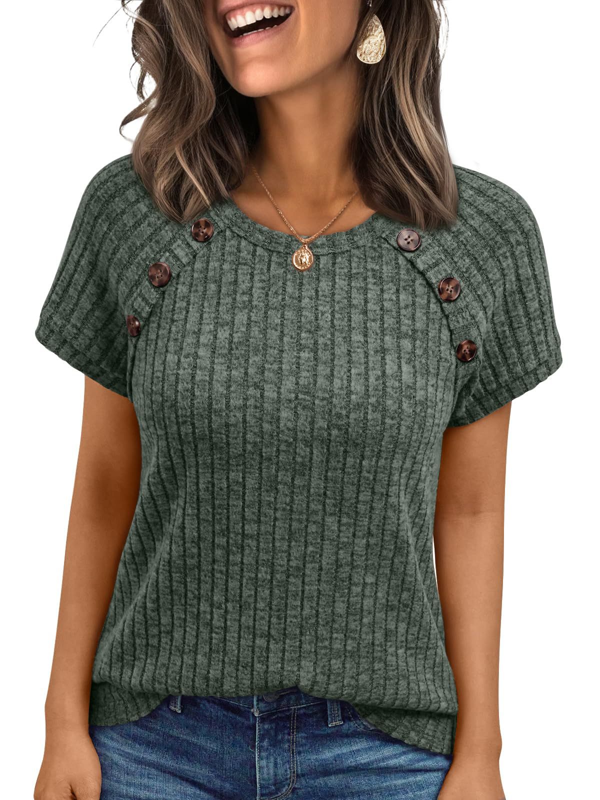Womens Ribbed Crew-neck Button-panel Short-sleeve Top  Short sleeve t-shirts Sculptify™