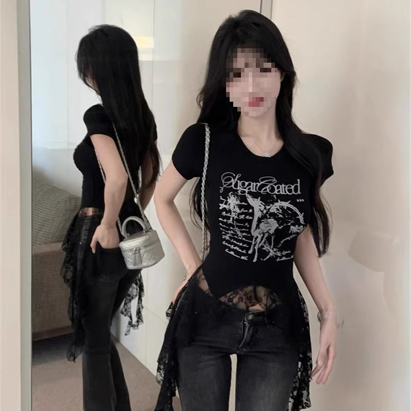 Lace-Panel American Chic Short-Sleeve Womens T-Shirt  Short sleeve t-shirts Sculptify™
