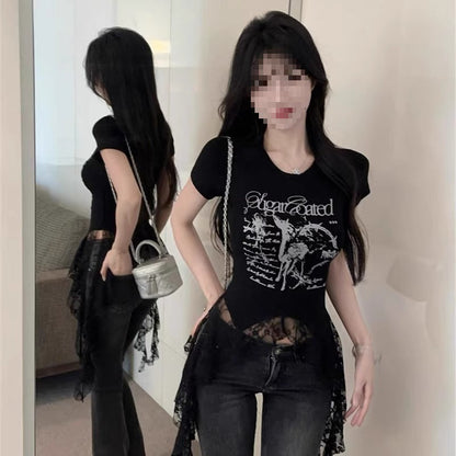 Lace-Panel American Chic Short-Sleeve Womens T-Shirt  Short sleeve t-shirts Sculptify™