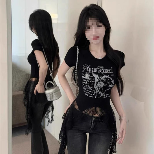 Lace-Panel American Chic Short-Sleeve Womens T-Shirt  Short sleeve t-shirts Sculptify™