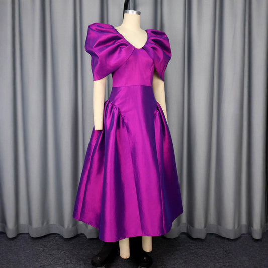 Puff Sleeve Evening Dress A Hem Pleated Banquet Dress - Sculptify™
