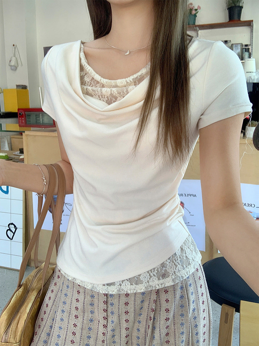 Korean Style Lace Stitching Swing Collar Off-shoulder Short Sleeve T-shirt  Short sleeve t-shirts Sculptify™