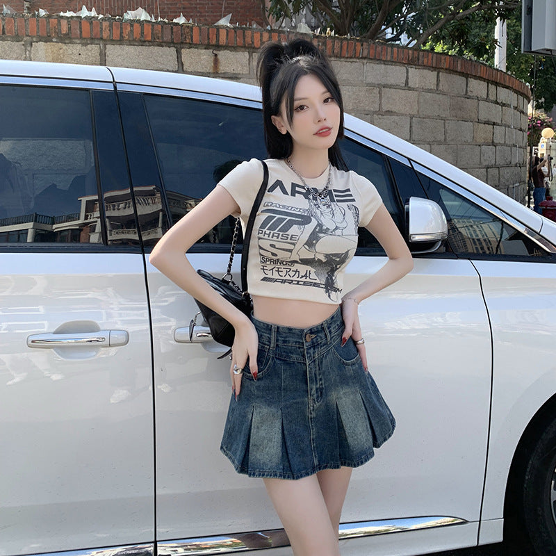 Chic Anti-Exposure Pleated Jean Skirt