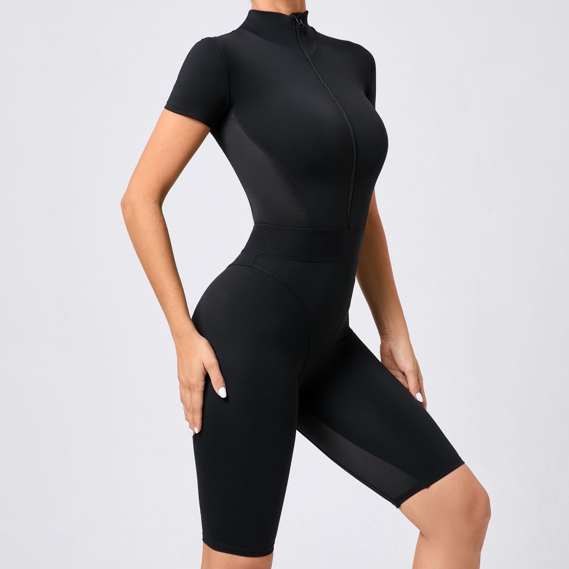 Tight Waist Open Collar Zipper Short Sleeve Yoga Jumpsuit Women - Sculptify™