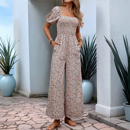 Square Collar Puff Sleeve Vacation Style Floral Jumpsuit - Sculptify™