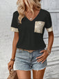 Pocket V-neck Patchwork Top T-shirt Casual T Short Sleeve  Short sleeve t-shirts Sculptify™