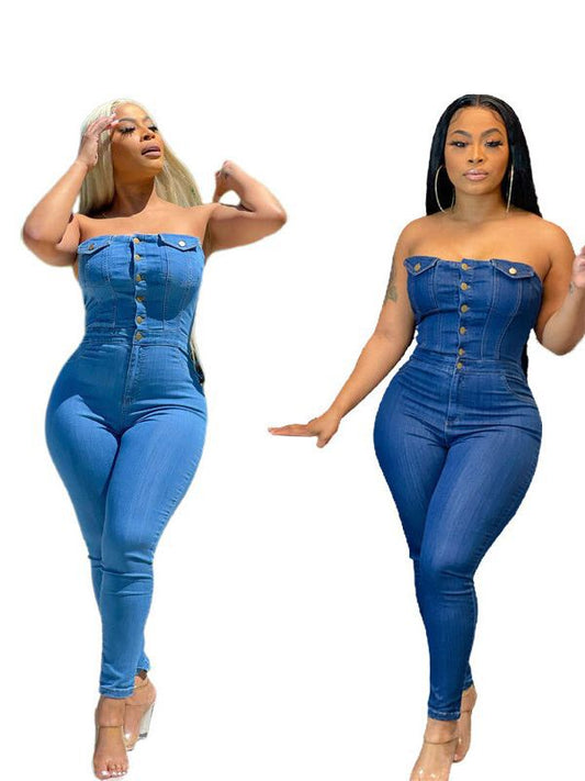 Tube Top Off-shoulder Slim Fit Denim Jumpsuit - Sculptify™