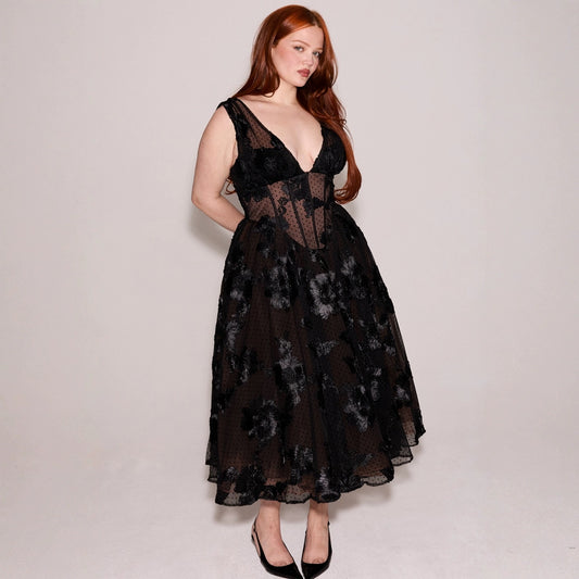 Black Deep V-neck Mesh A- Line High-end Evening Dress - Sculptify™