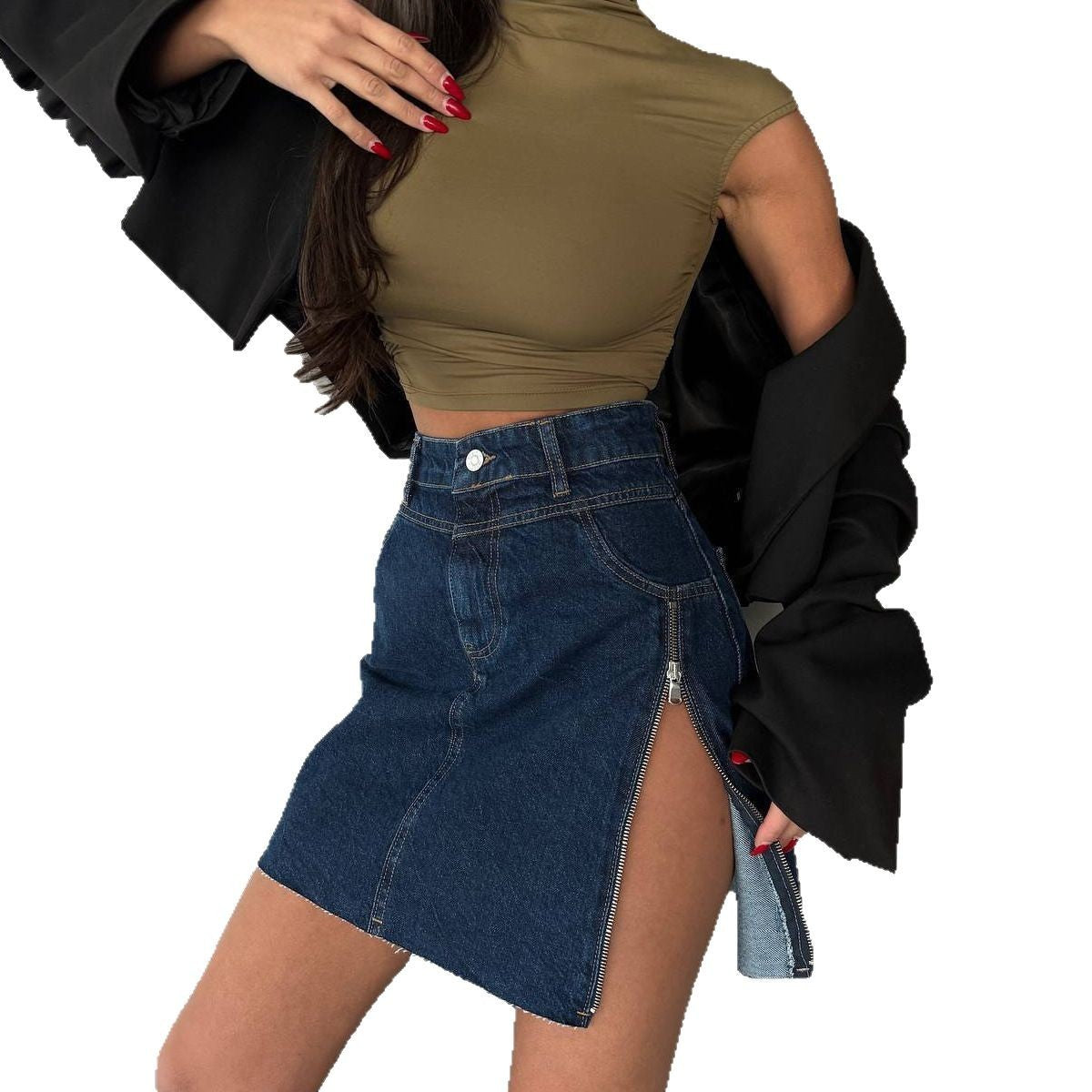 Casual Zipper Detail Slit Denim Skirt