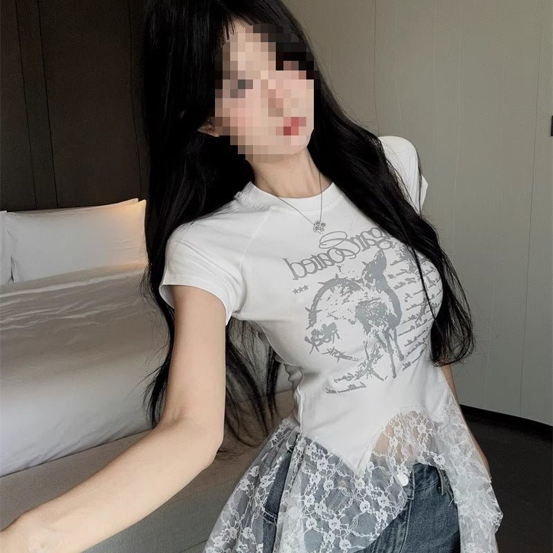 Lace-Panel American Chic Short-Sleeve Womens T-Shirt  Short sleeve t-shirts Sculptify™