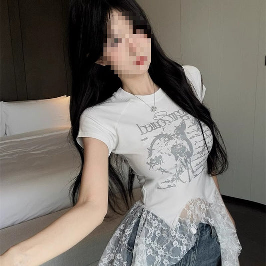 Lace-Panel American Chic Short-Sleeve Womens T-Shirt  Short sleeve t-shirts Sculptify™