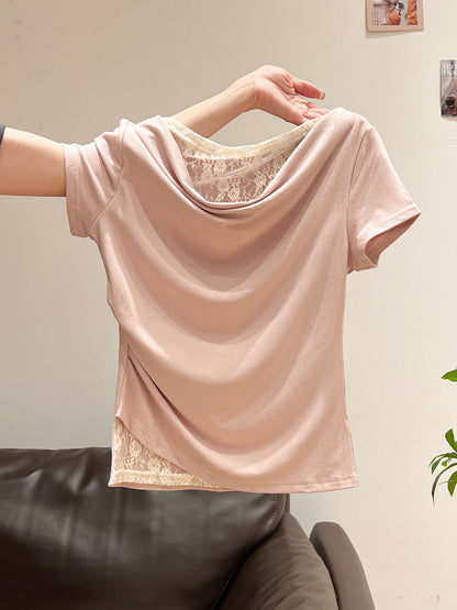 Korean Style Lace Stitching Swing Collar Off-shoulder Short Sleeve T-shirt  Short sleeve t-shirts Sculptify™