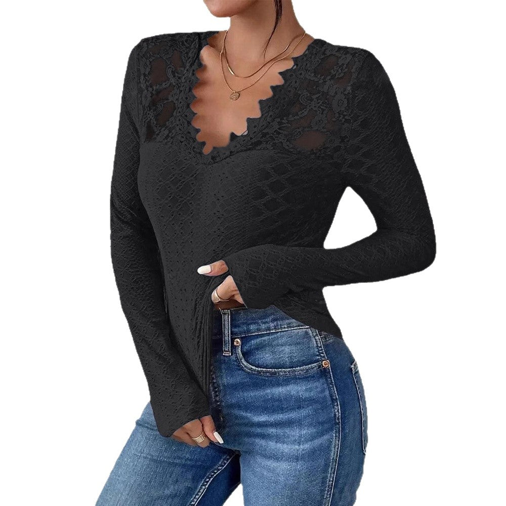 Solid-color V-neck Lace-panel Long-sleeve T-shirt Top For Womenelegant Style - Sculptify™