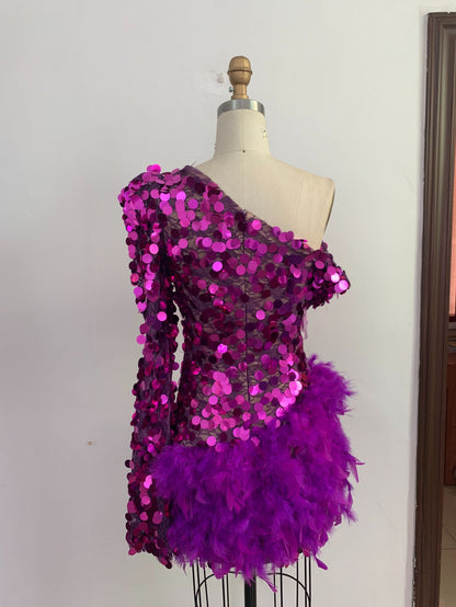 Purple Sequined Feather Skirt One-shoulder Sleeve Short Dress Luxury Party Stage Performance Dress - Sculptify™