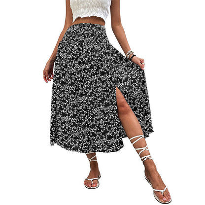 Elegant American Floral Split Midi Skirt
