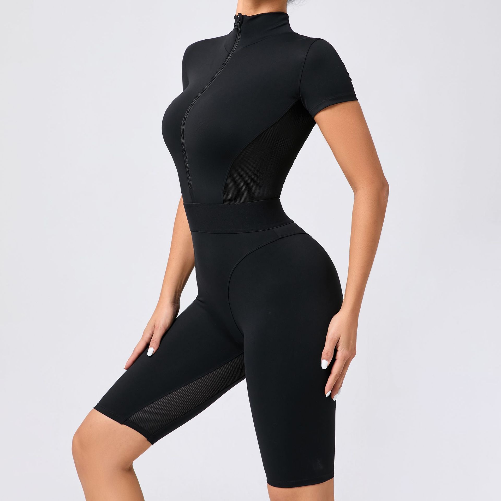 Tight Waist Open Collar Zipper Short Sleeve Yoga Jumpsuit Women - Sculptify™