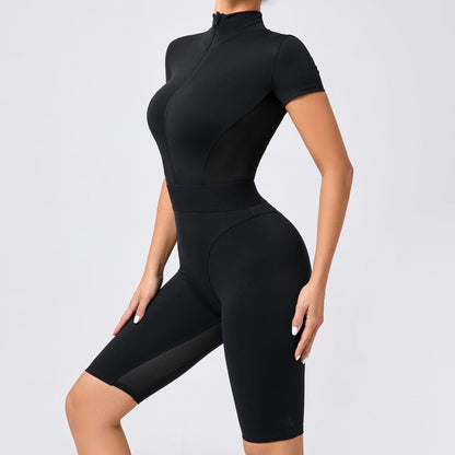 Tight Waist Open Collar Zipper Short Sleeve Yoga Jumpsuit Women - Sculptify™