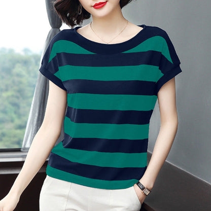Striped Loose Short-sleeved T-shirt For Women  Short sleeve t-shirts Sculptify™