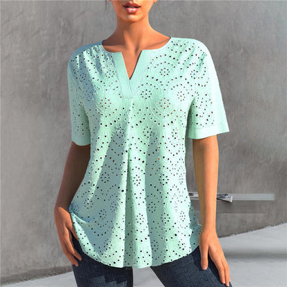 Women's Embroidered Hollow Out V-neck Short-sleeved T-shirt Top  Short sleeve t-shirts Sculptify™