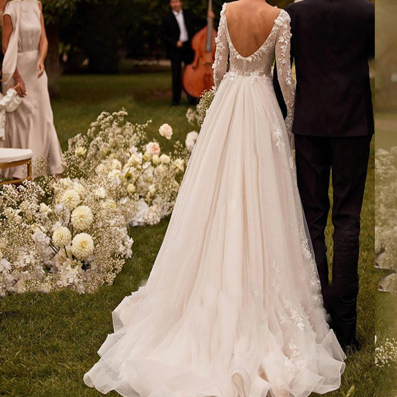 Sexy See-through Wedding Long Sleeve Embroidered Deep V Puffy Wedding Dress - Sculptify™