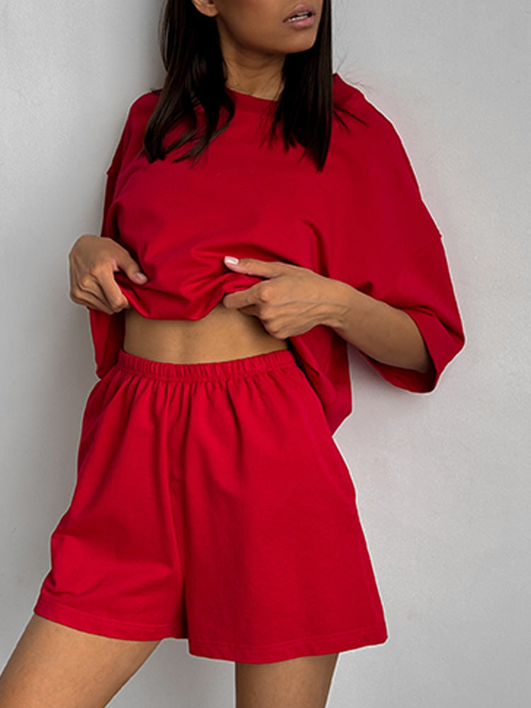 Casual Short-Sleeve Crew-Neck Top And Shorts Two-Piece Set - Sculptify™