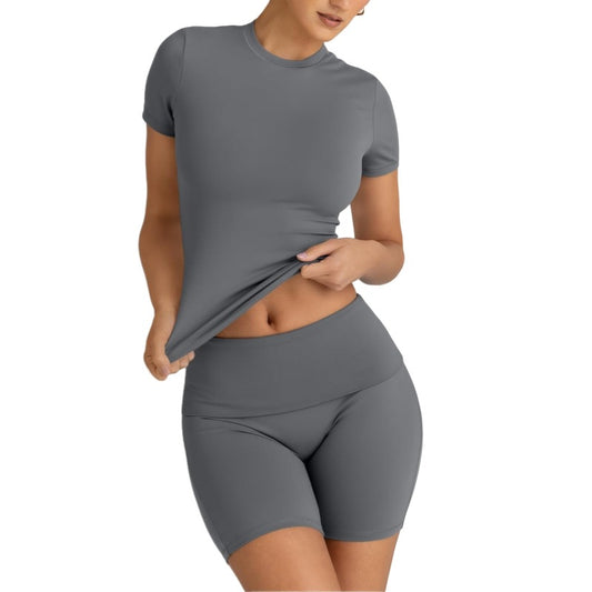 Womens Solid-Color Casual Crew-Neck Short-Sleeve Shorts Set - Sculptify™