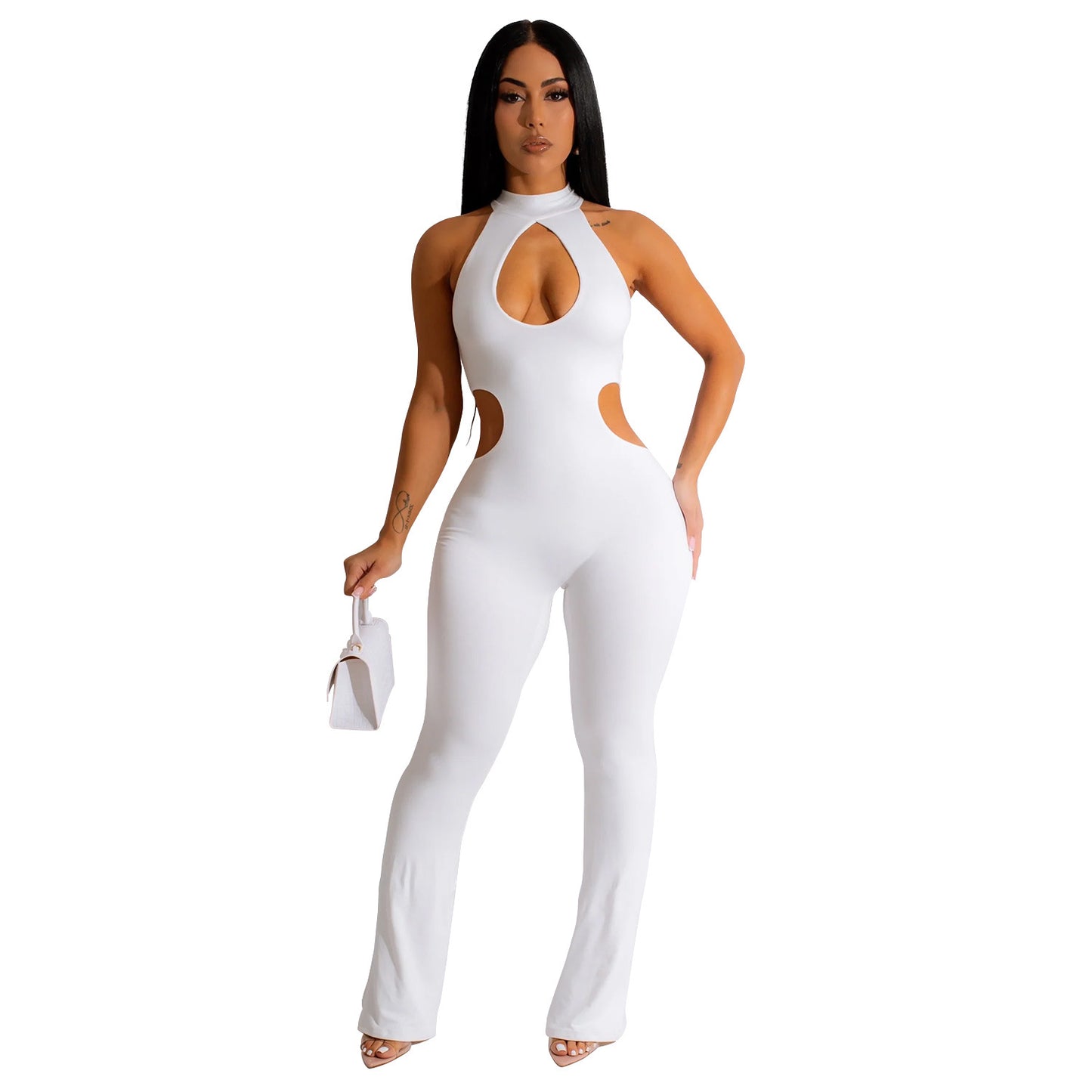 Women's Solid Color Sexy Halter Hollow-out Jumpsuit - Sculptify™