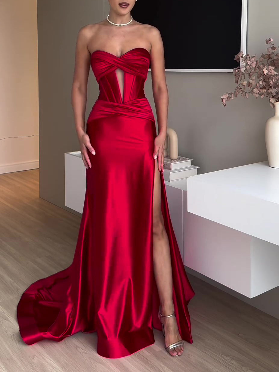 Tube Top Slit Red Extra Long Evening Dress - Sculptify™