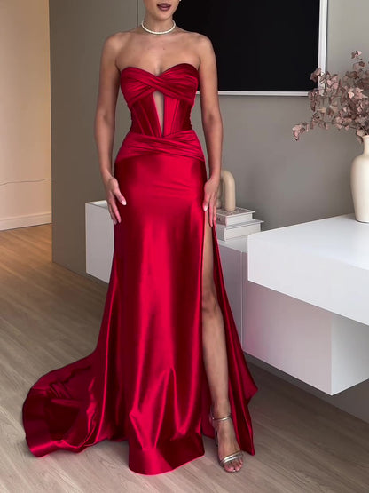 Tube Top Slit Red Extra Long Evening Dress - Sculptify™
