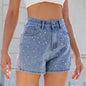 Half-Length Beaded Denim Shorts