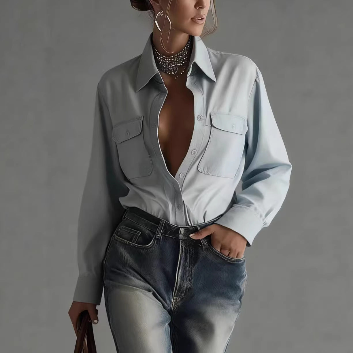 Stylish Relaxed-fit Long-sleeve Collar Shirt For Women - Sculptify™