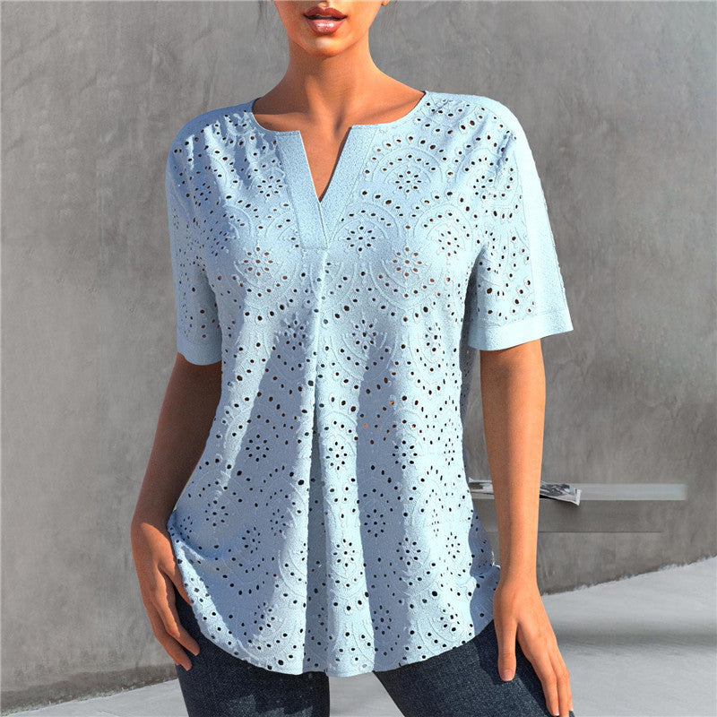 Women's Embroidered Hollow Out V-neck Short-sleeved T-shirt Top  Short sleeve t-shirts Sculptify™