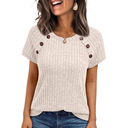 Womens Ribbed Crew-neck Button-panel Short-sleeve Top  Short sleeve t-shirts Sculptify™