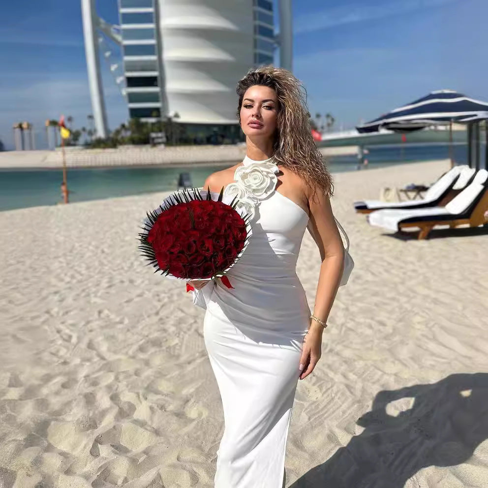 New Style White Ribbon Flower Halter Long High Sense Dress - Sculptify™