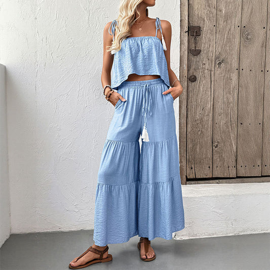 Strappy Top And Wide-leg Pants Textured Resort Set - Sculptify™