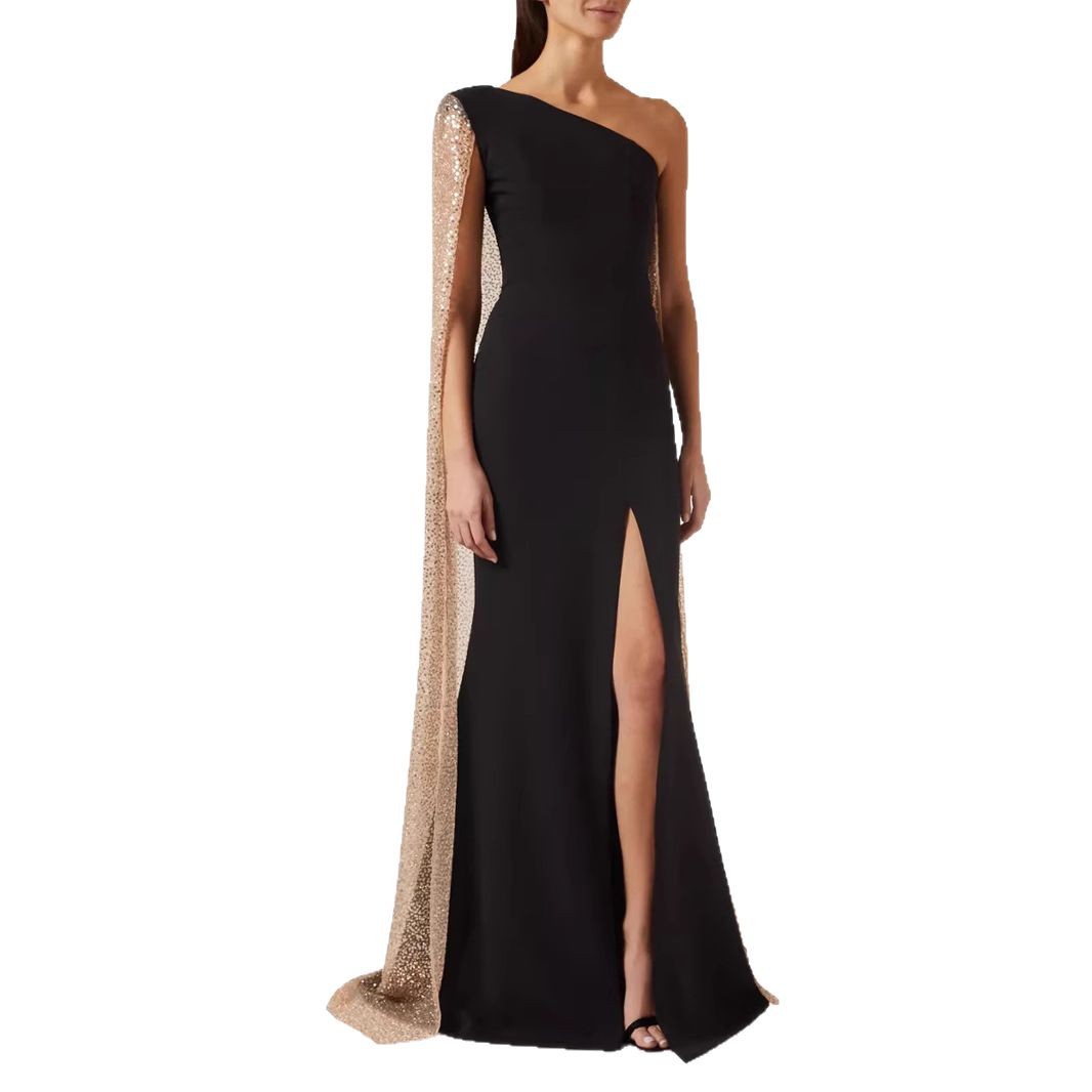 One-shoulder Cloak Slit Black Dress - Sculptify™
