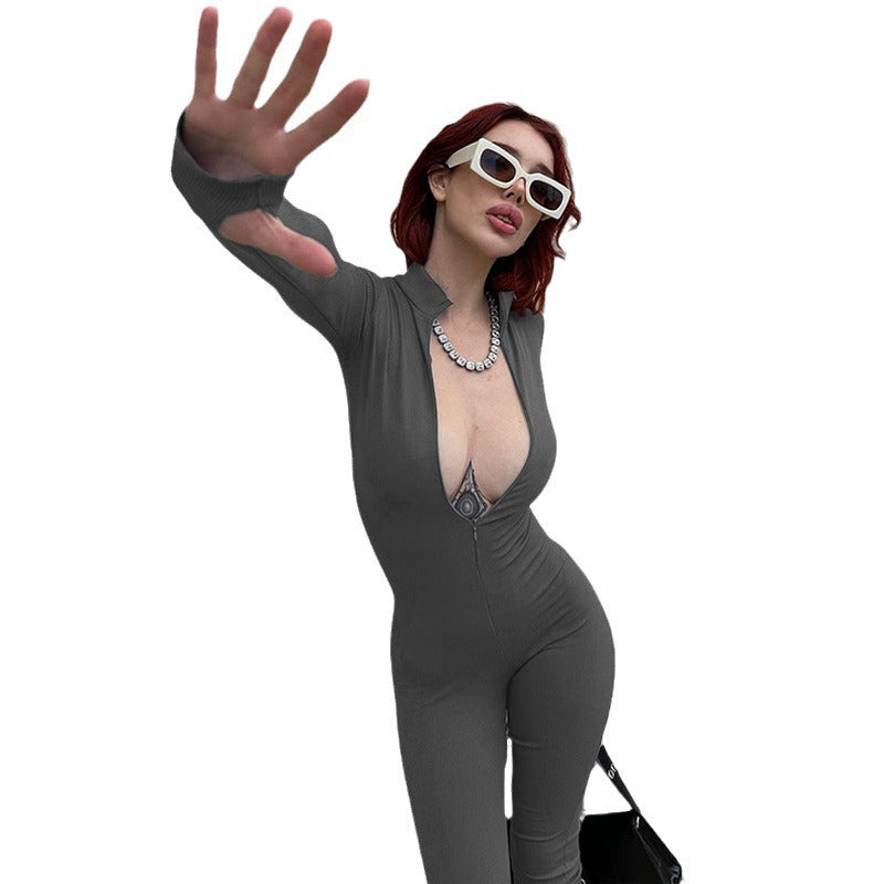 Women's Fashion Personality Chest Zipper Slim-fit Long-sleeved Stretch Bottoming Jumpsuit - Sculptify™