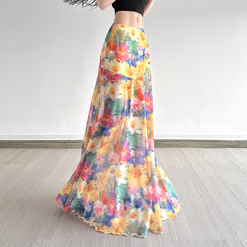 Island Oil Painting Style Mesh Skirt