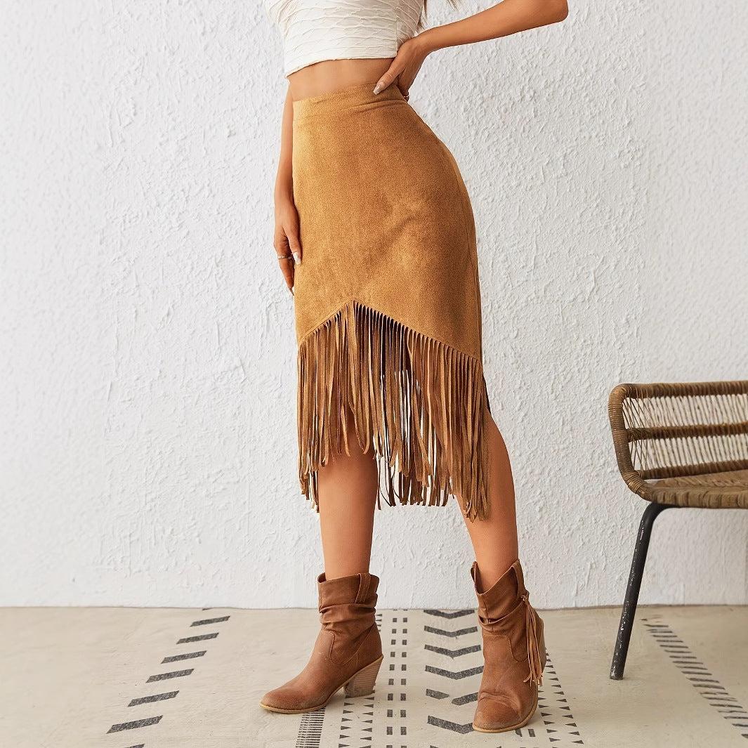 Minimalist Solid Asymmetric Fringe Skirt