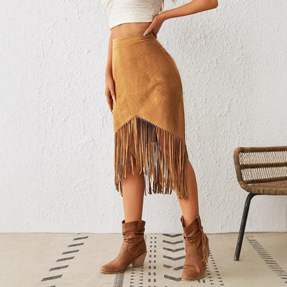 Minimalist Solid Asymmetric Fringe Skirt